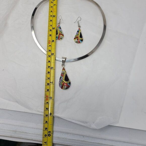 Artisan 925 Teardrop Multicolor Micro Mosaic Crystal Torque Necklace Earring Set - Picture 13 of 16